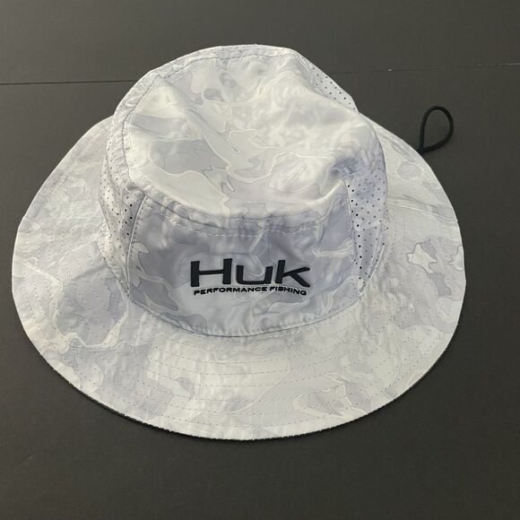HUK Performance Fishing Whte Gray Camo Bucket Hat OSFM Boonie Sun Protect Vented - Picture 1 of 9